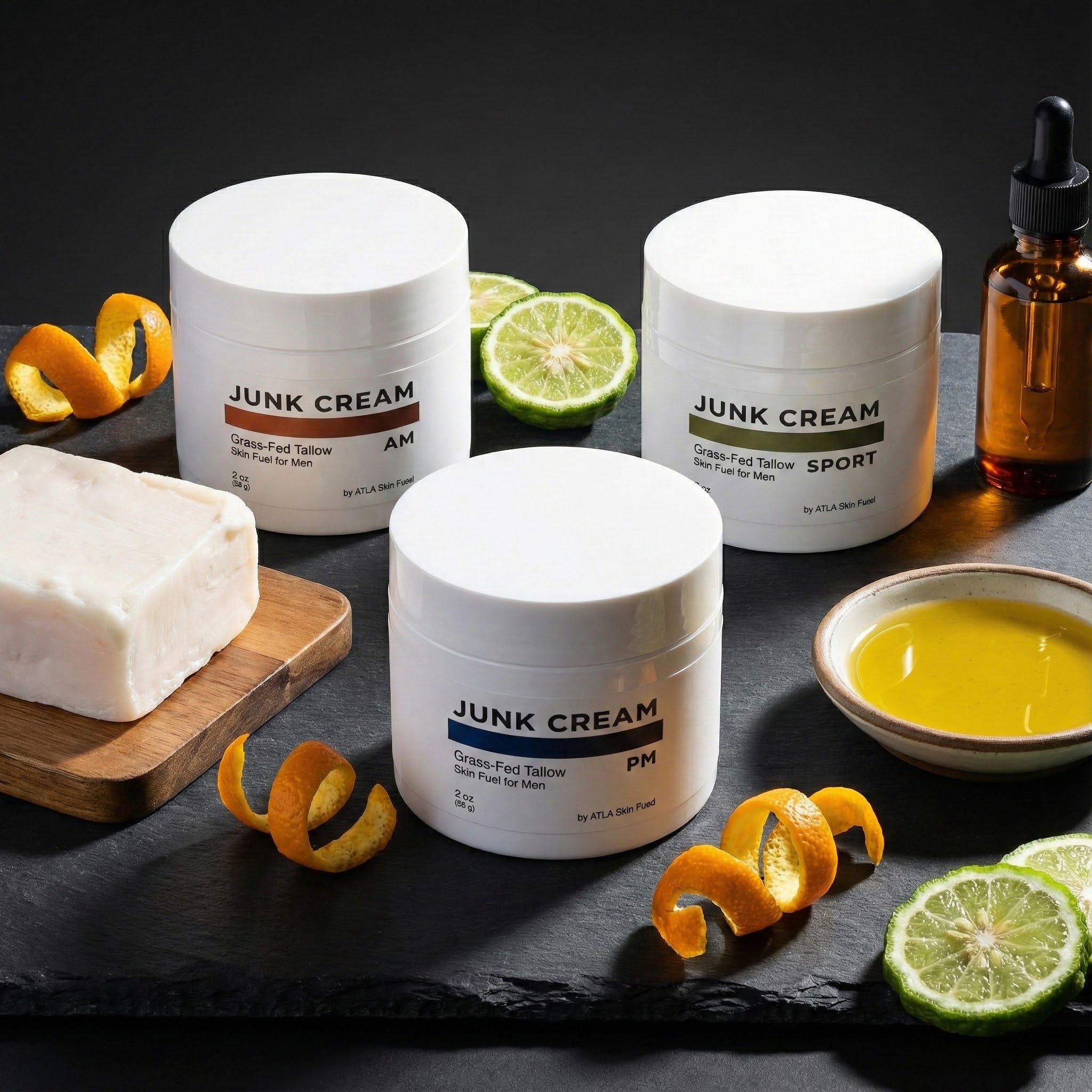 Three white jars of Junk Cream arranged on a slate surface with citrus peels, tallow, and oils.