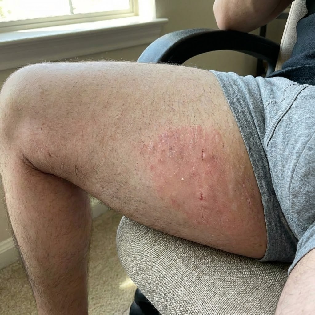 A close-up of a person's upper thigh with a large, red, and scarred patch of skin.
