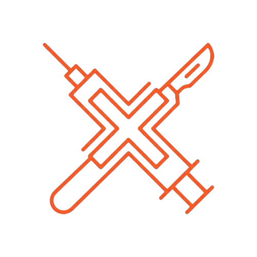 An orange line art icon of a syringe and scalpel crossed to form an X on a black background.