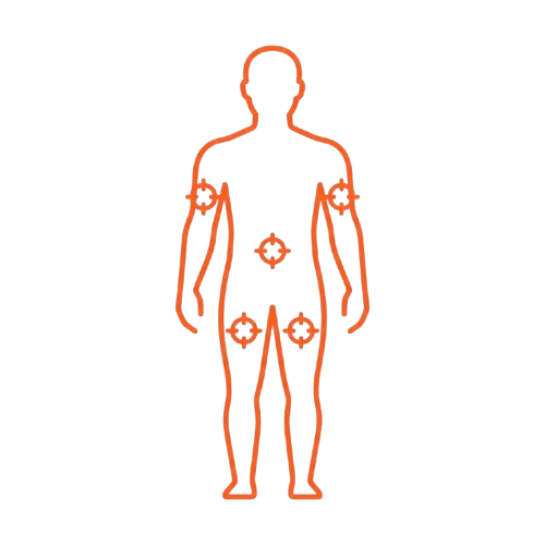 An orange outline of a human body with target icons on the joints and abdomen.