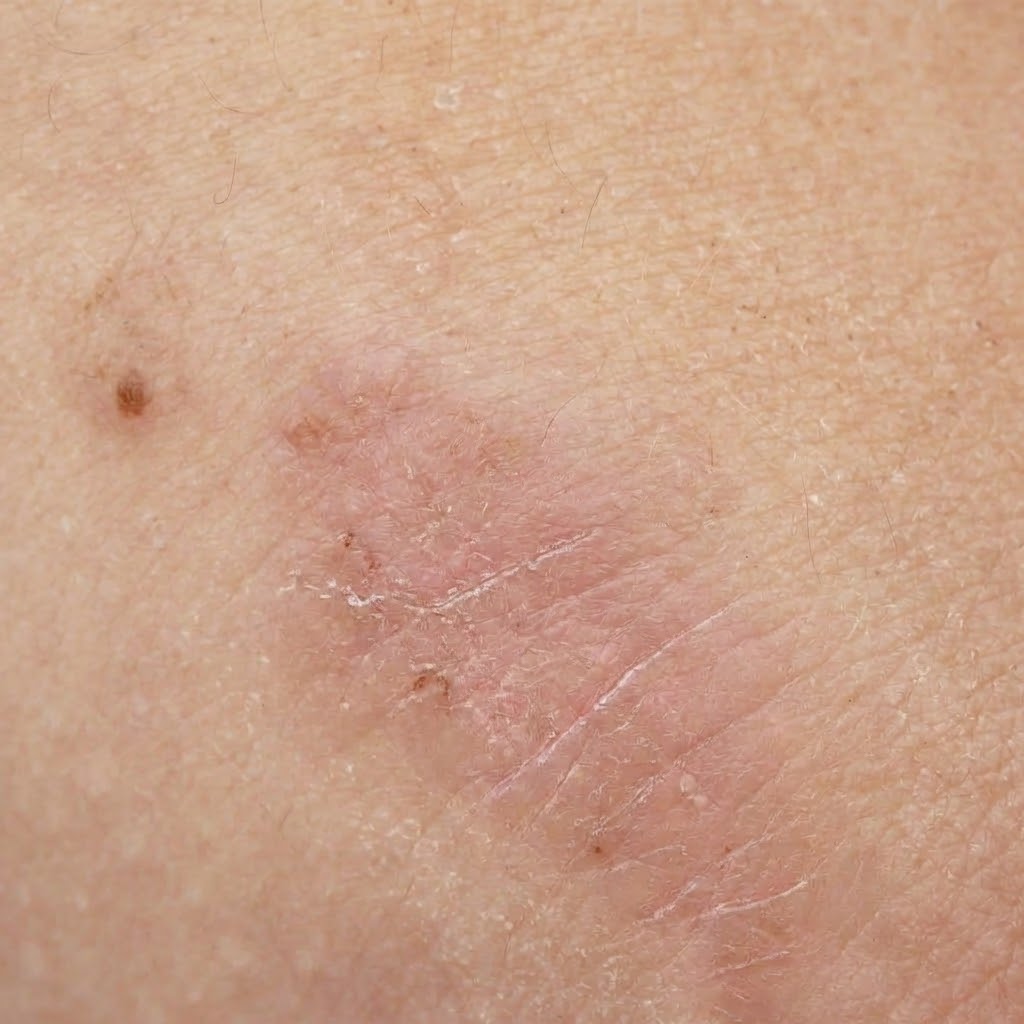 A close-up photograph of a pink, textured scar and a small mole on human skin.