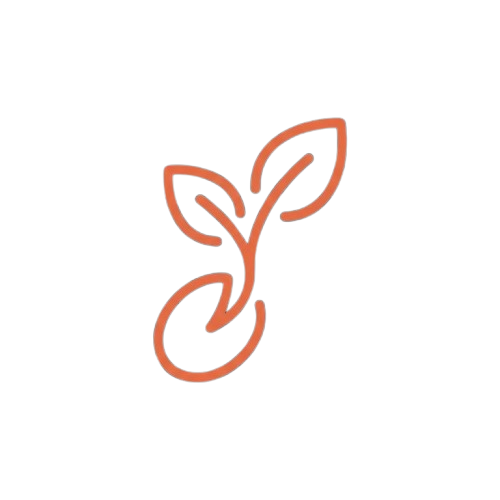 An orange line-art icon of a small plant sprouting from a seed, on a black background.