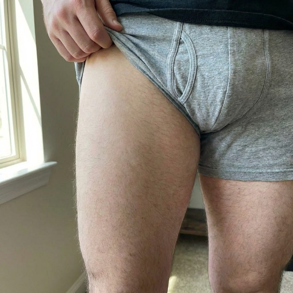 A close-up of a person wearing grey boxer briefs, lifting the fabric on their thigh with their hand.