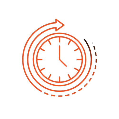 An orange line icon of a clock with a counter-clockwise arrow wrapping around it against a black background.