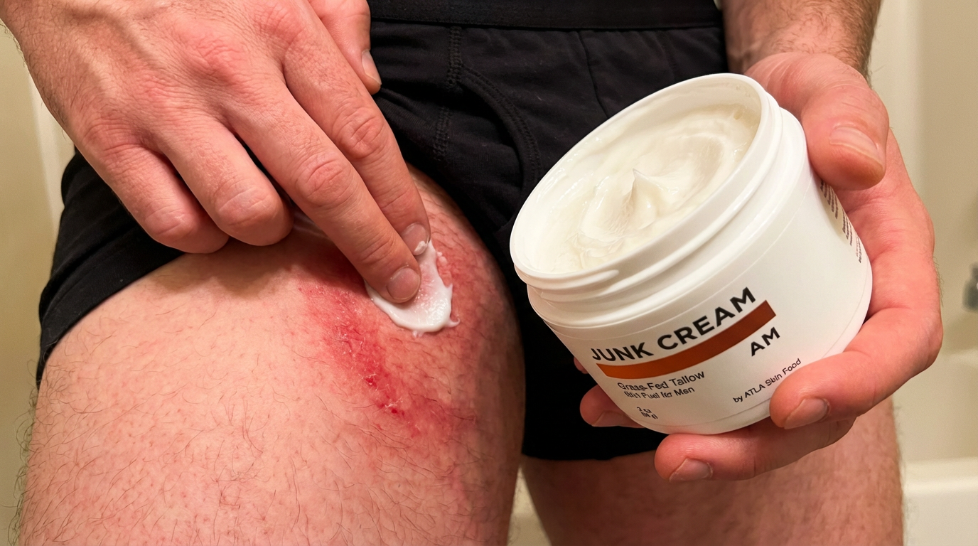 A man applies white cream from a jar to a red, irritated rash on his inner thigh.