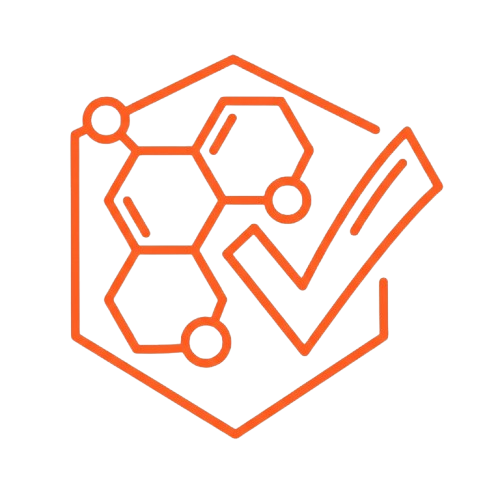 An orange icon of a molecular structure and a checkmark inside a hexagon.