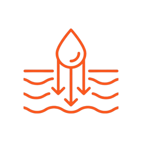An orange line icon of a droplet with a circular arrow inside, over a wavy line.