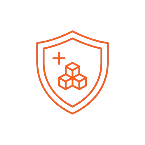 An orange outline of a shield containing three stacked cubes and a plus sign on a black background.