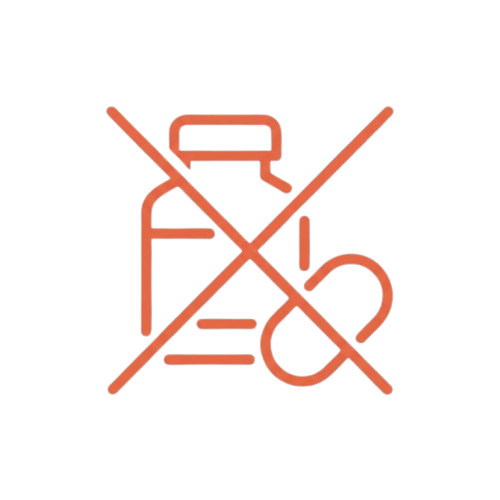 An orange icon of a medicine bottle and a pill, crossed out with a large X.