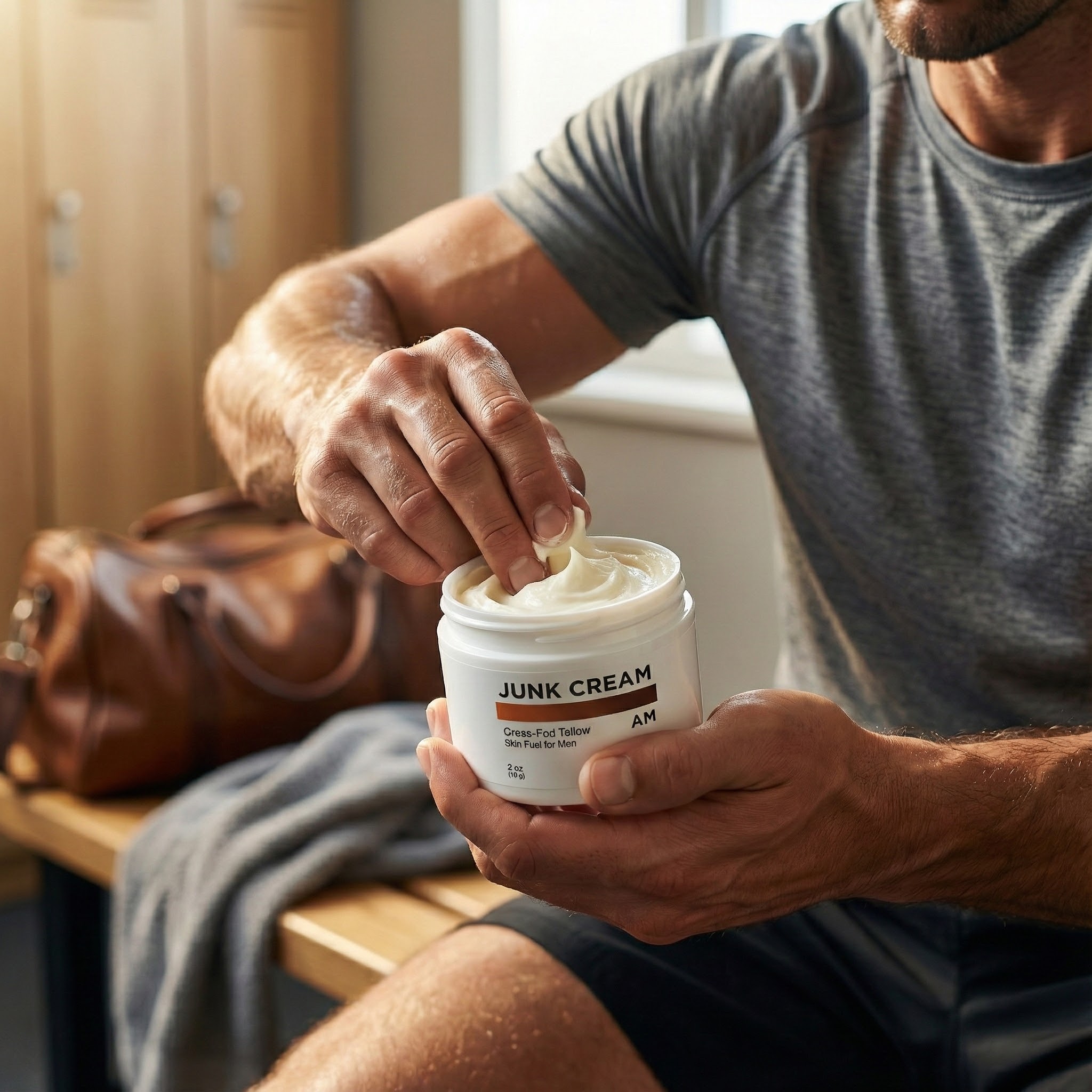 A man in a locker room sits on a bench while scooping Junk Cream from a jar.