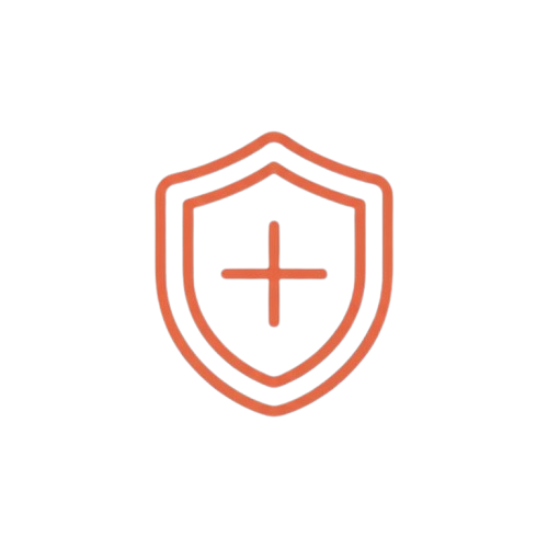 An orange line icon of a shield with a plus sign in the center.