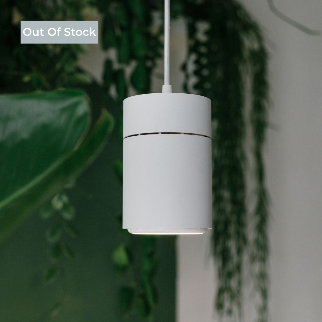 White cylindrical light fixture with greenery in the background.