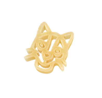 Close-up of cat-shaped pasta showcasing its detailed cutout design on a white background