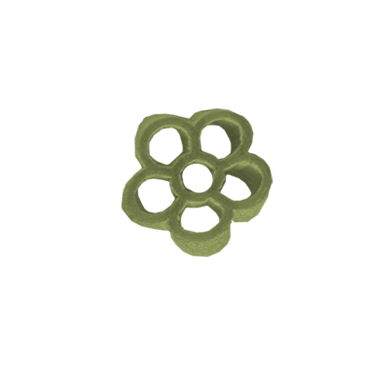 Top view of green flower-shaped pasta showcasing hollow centers on a white background