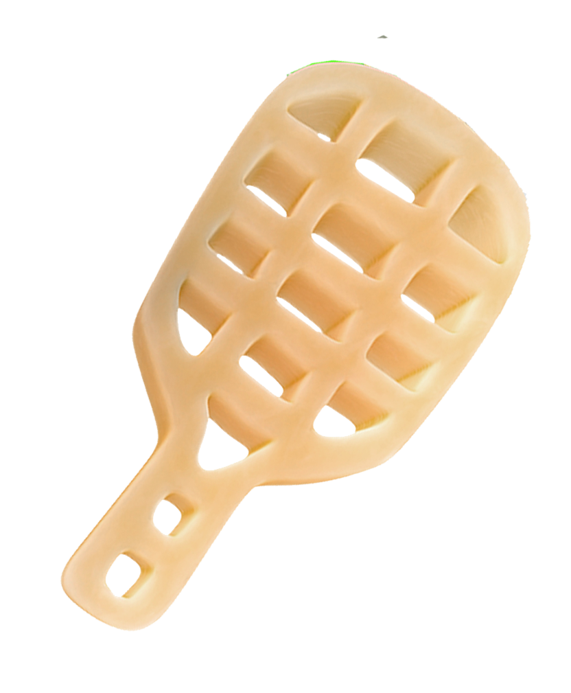 A close-up of a tan plastic slotted spatula on a white background.