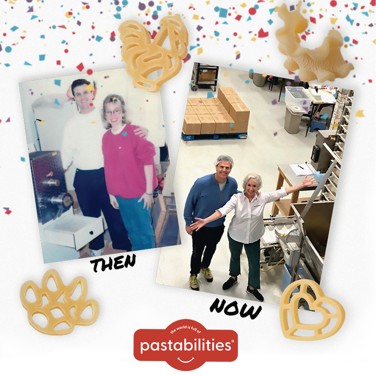 Pastabilities founders shown then and now at their pasta facility, surrounded by playful pasta shapes