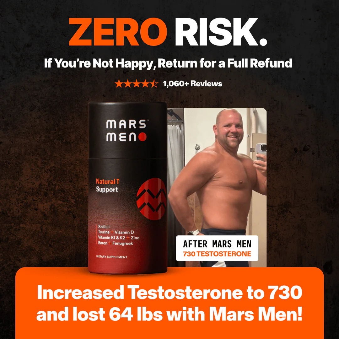 Product advertisement featuring a supplement bottle and a smiling shirtless man.