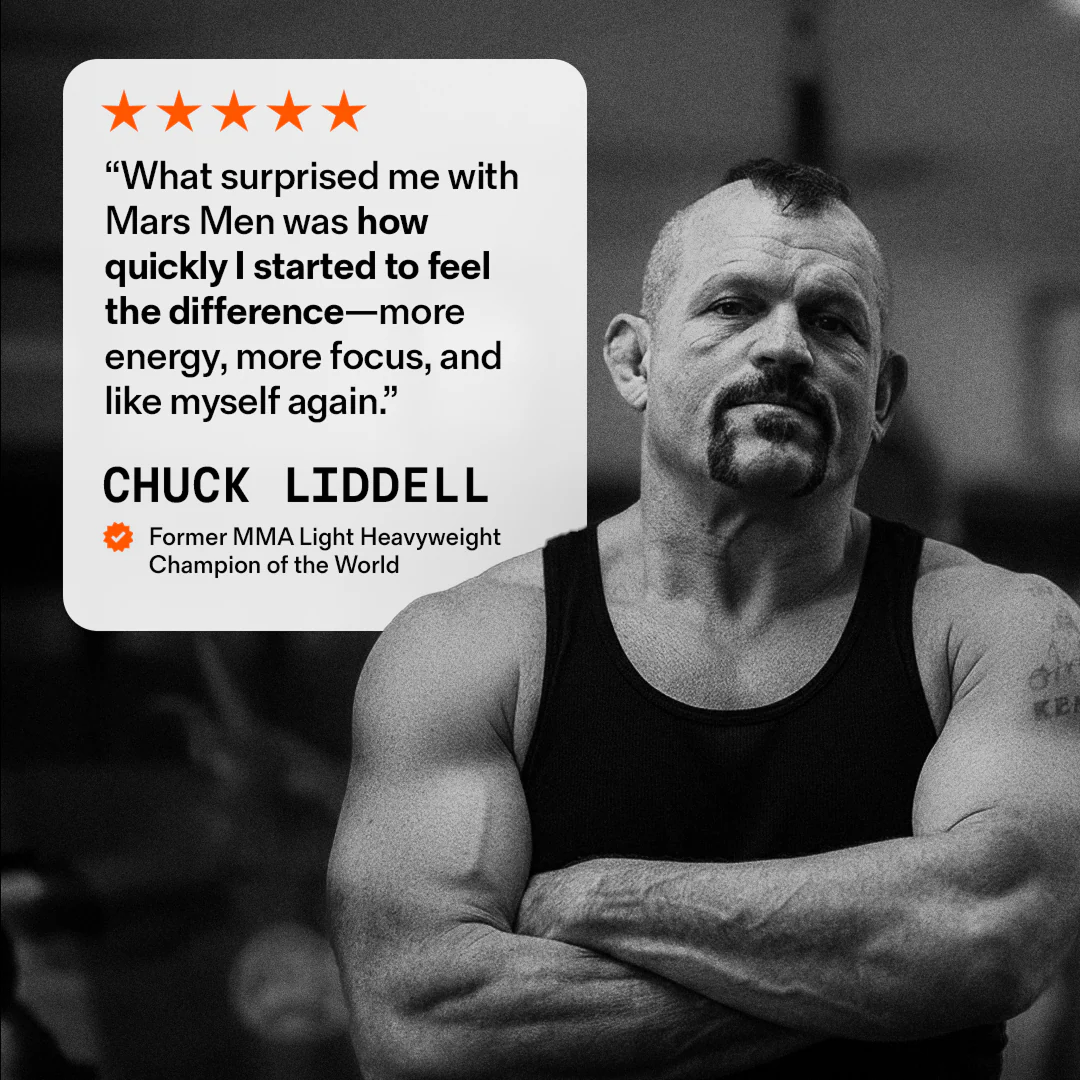 Man in a tank top with a motivational quote and star rating.