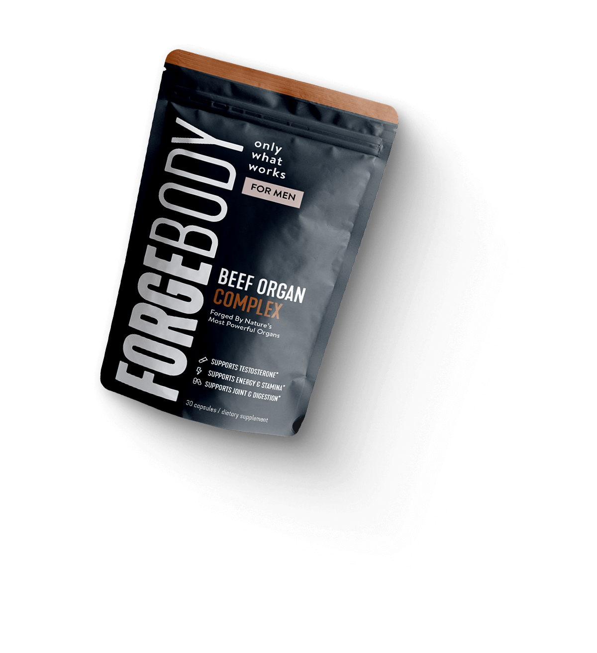A black pouch of Forgebody Beef Organ Complex supplement for men, shown on a green background.