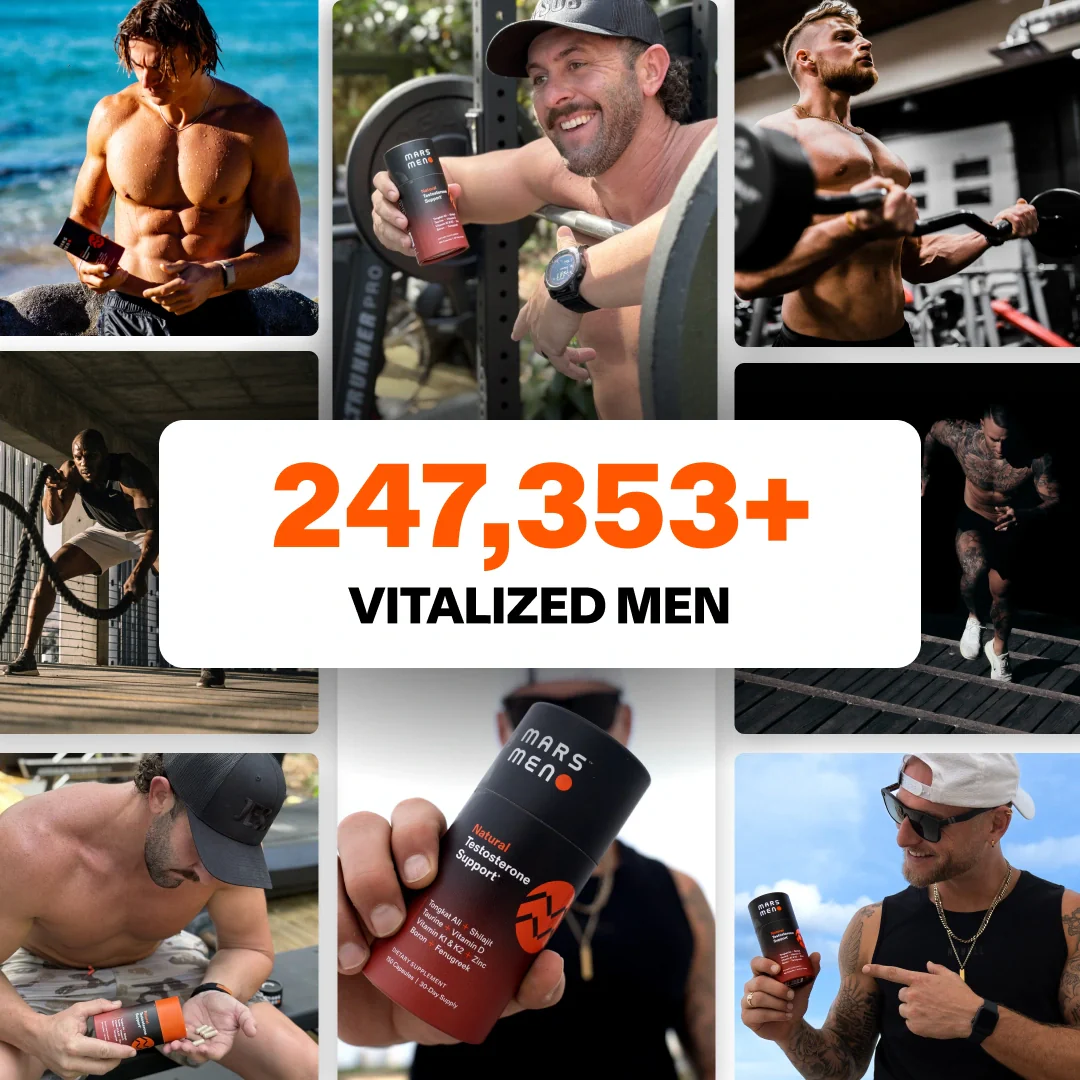 Collage of men exercising, holding Mars Men supplement bottles.