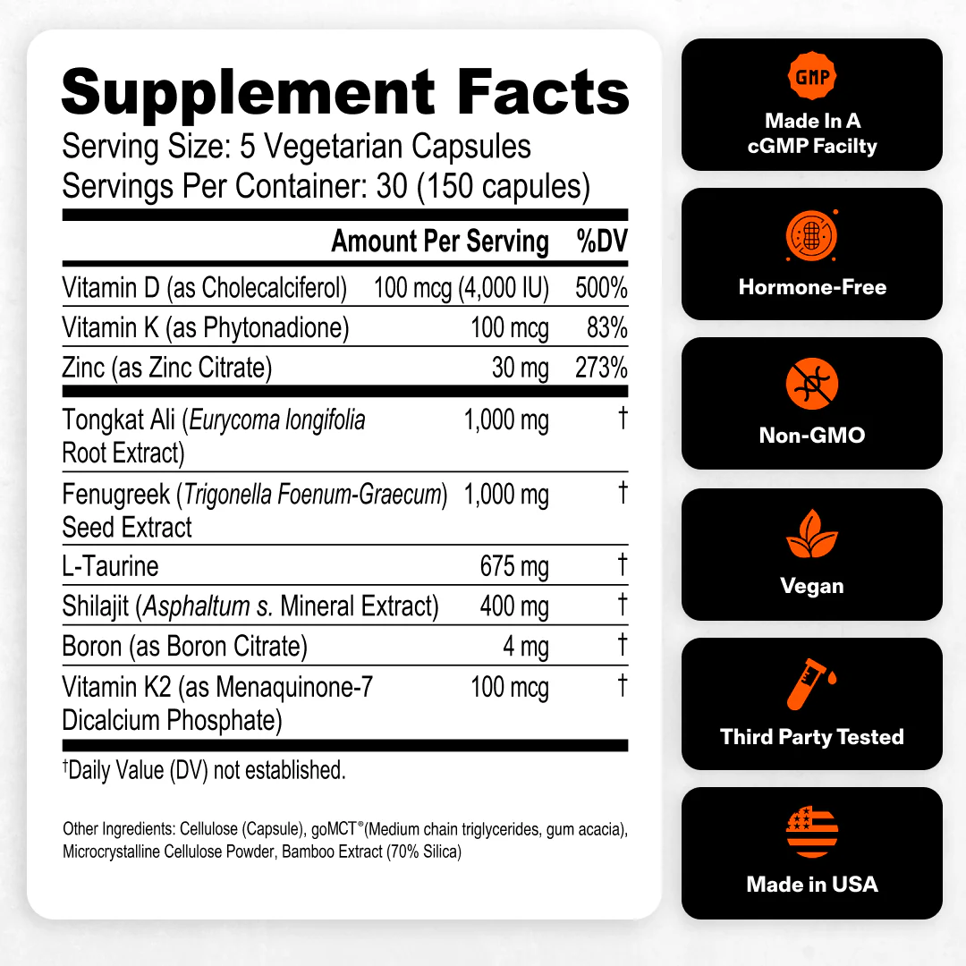 Supplement facts label with ingredient list and non-GMO, vegan, and made in USA icons.