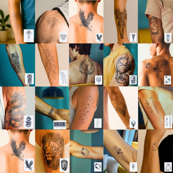Collage of various arm and shoulder tattoos with different designs.