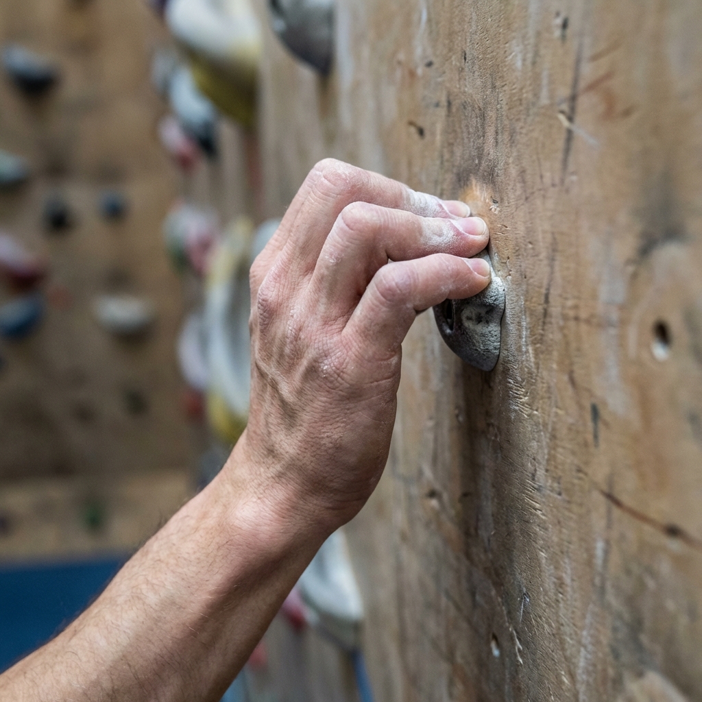 A close-up of a chalked hand gripping a small hold on a wooden indoor climbing wall.