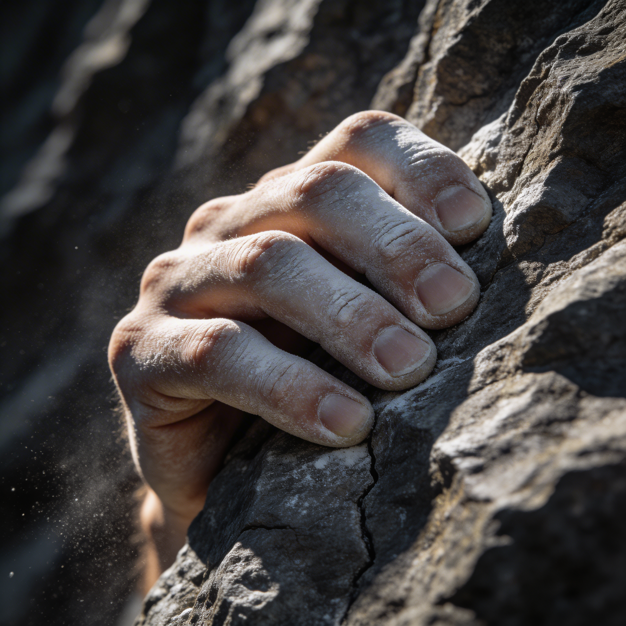 A close-up of a chalked hand gripping a small hold on a wooden indoor climbing wall.