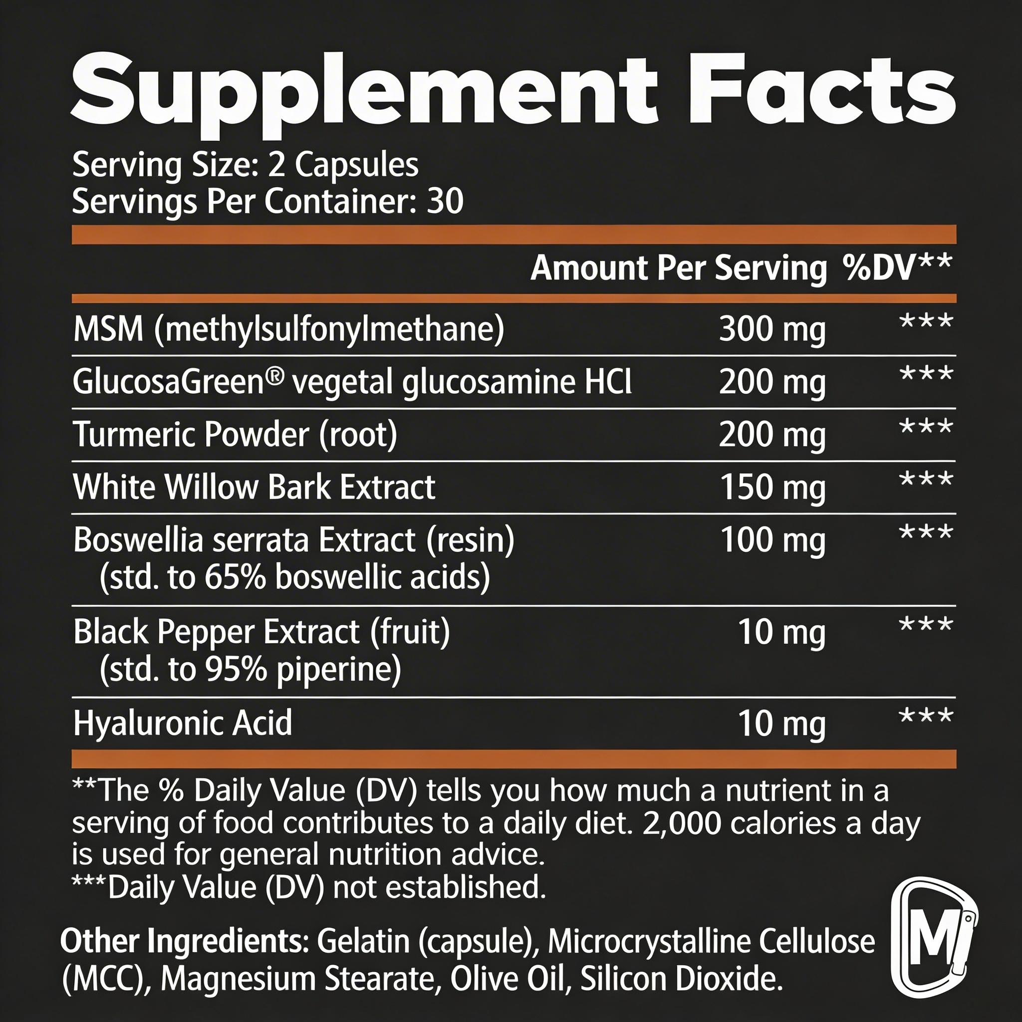 A close-up of a supplement facts label, listing ingredients such as MSM, Turmeric, and Hyaluronic Acid.