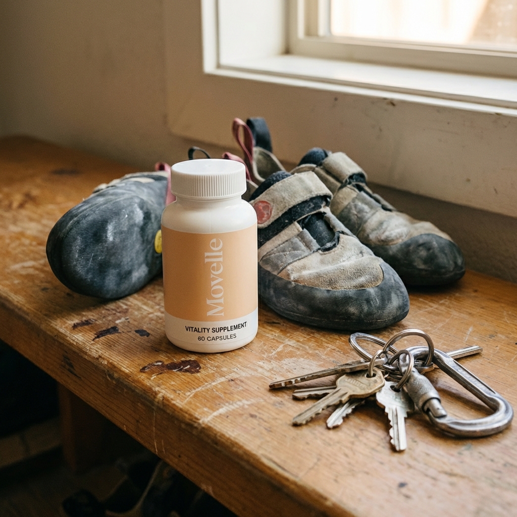 A close-up of a chalked hand gripping a small hold on a wooden indoor climbing wall.