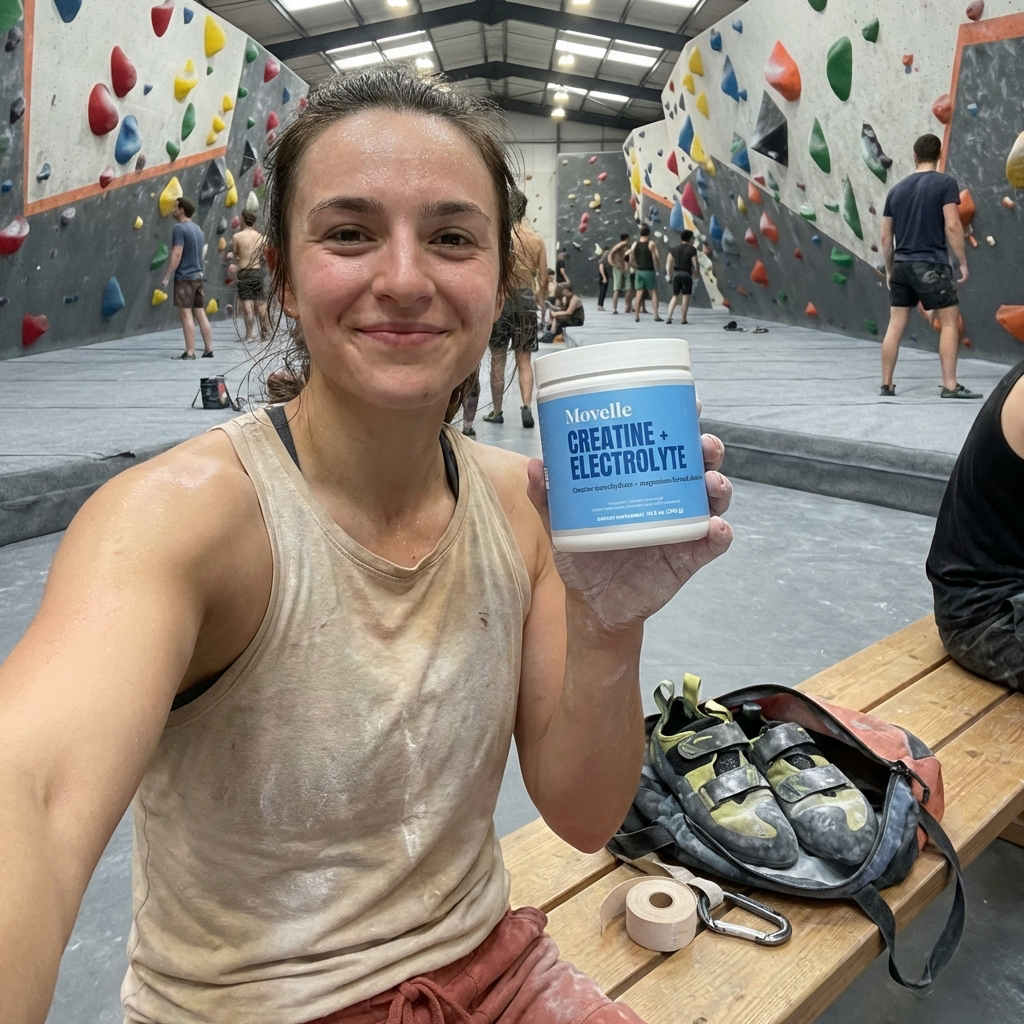A smiling woman in a climbing gym holds a container of Movelle Creatine + Electrolyte supplement.