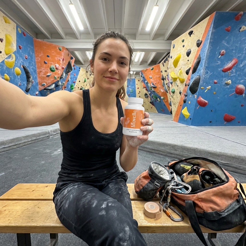 A woman in a climbing gym takes a selfie while holding a bottle of Movelle supplements.