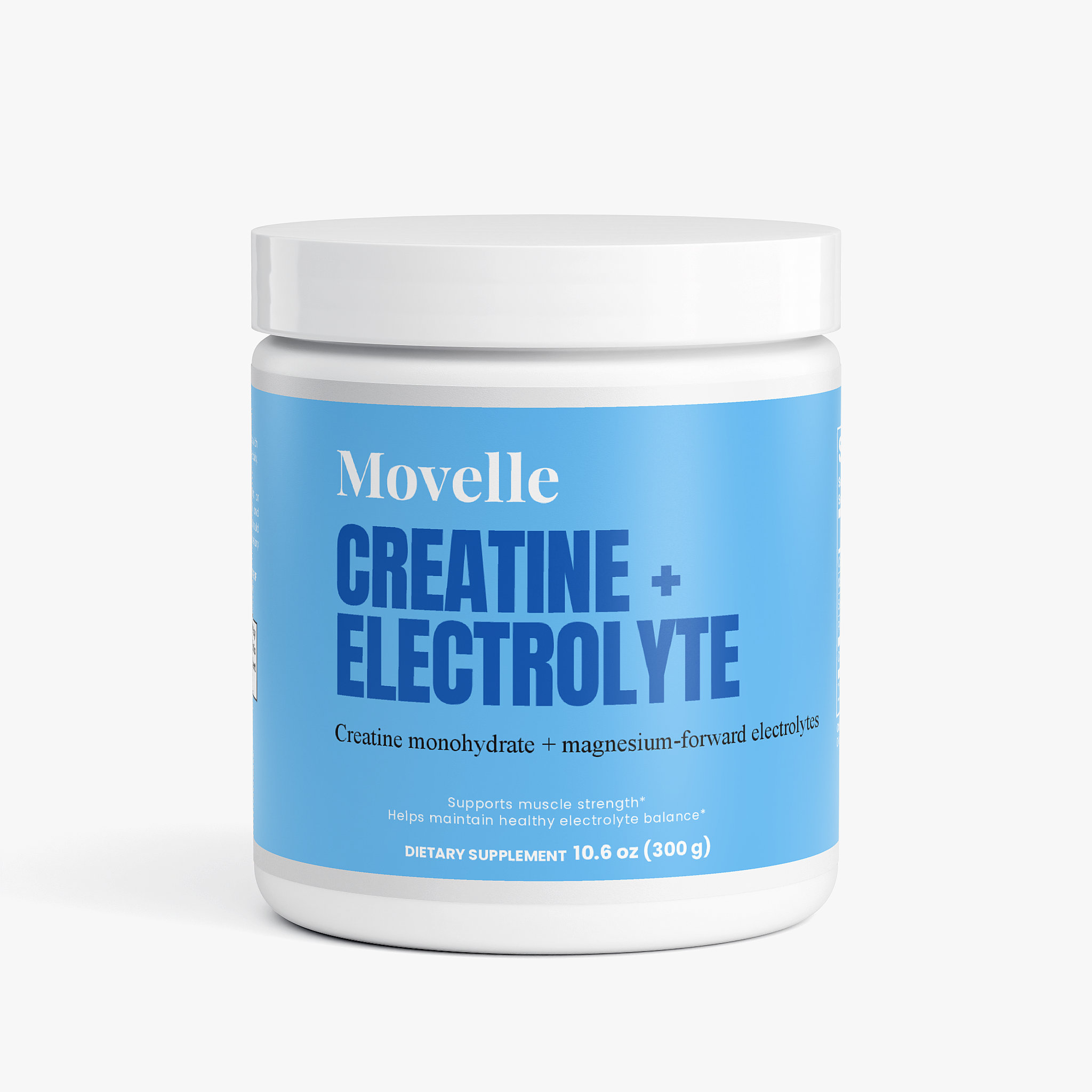 A white jar of Movelle Creatine + Electrolyte dietary supplement against a plain background.