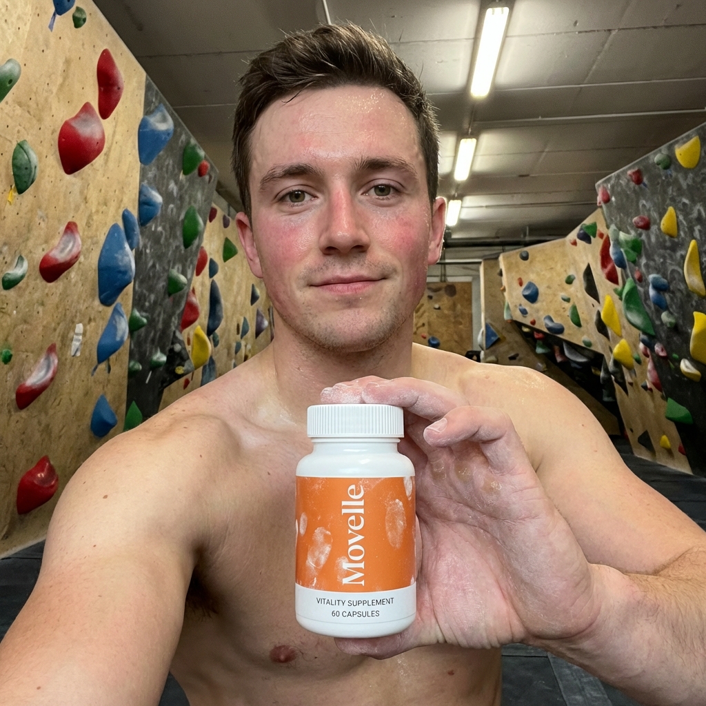 A shirtless man holding a bottle of Movelle vitality supplements in front of a rock climbing wall.