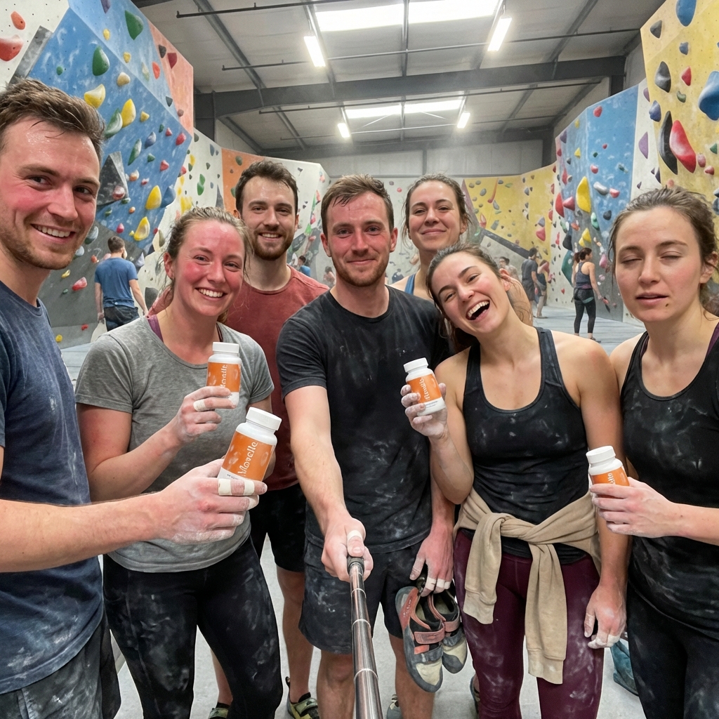 A group of friends takes a selfie with product bottles at an indoor bouldering gym.