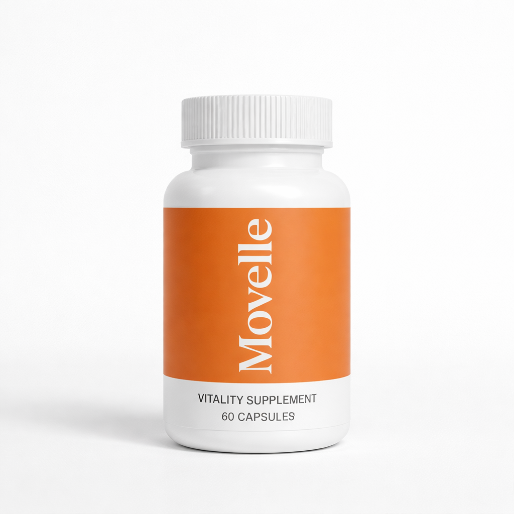 A white bottle of Movelle vitality supplement with an orange label against a white background.