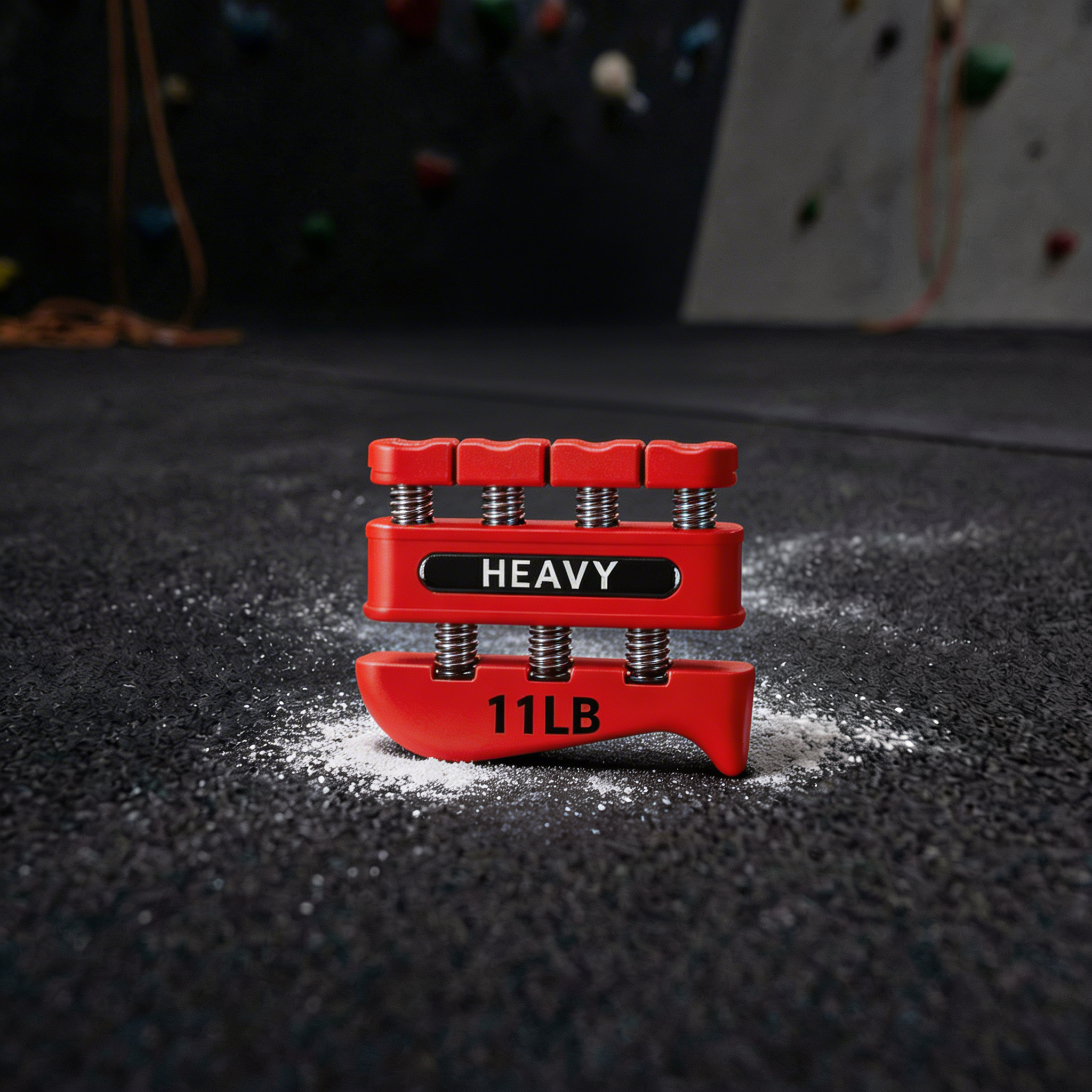 A red, spring-loaded finger exerciser labeled 'HEAVY' and '11LB' on a chalky floor at a gym.