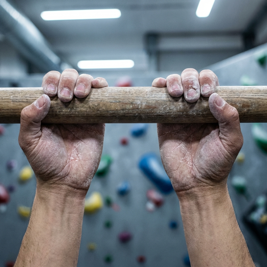 A close-up of a climber's chalk-covered hands gripping a wooden pull-up bar in a gym.