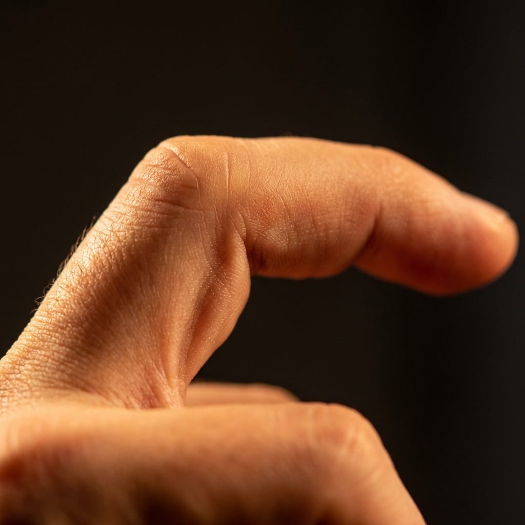 A close-up photograph of a person's bent index finger against a solid black background.