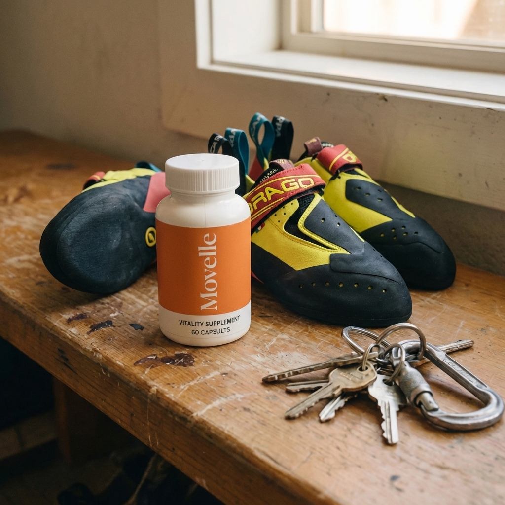 A bottle of supplements, a chalk bag, tape, and a water bottle on a bench in a climbing gym.