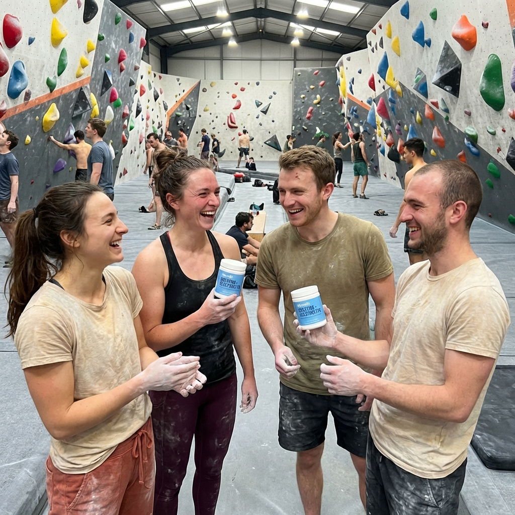 Four climbers laugh together in a bouldering gym while two hold containers of chalk.