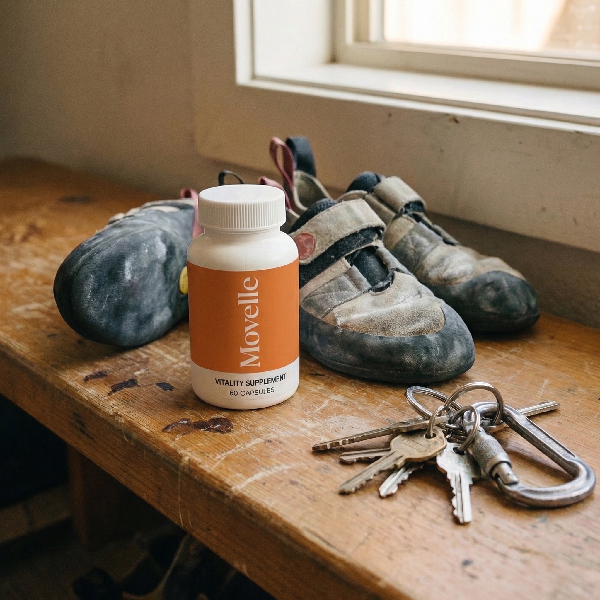 A bottle of Movelle supplements, a pair of climbing shoes, and keys sit on a wooden bench.