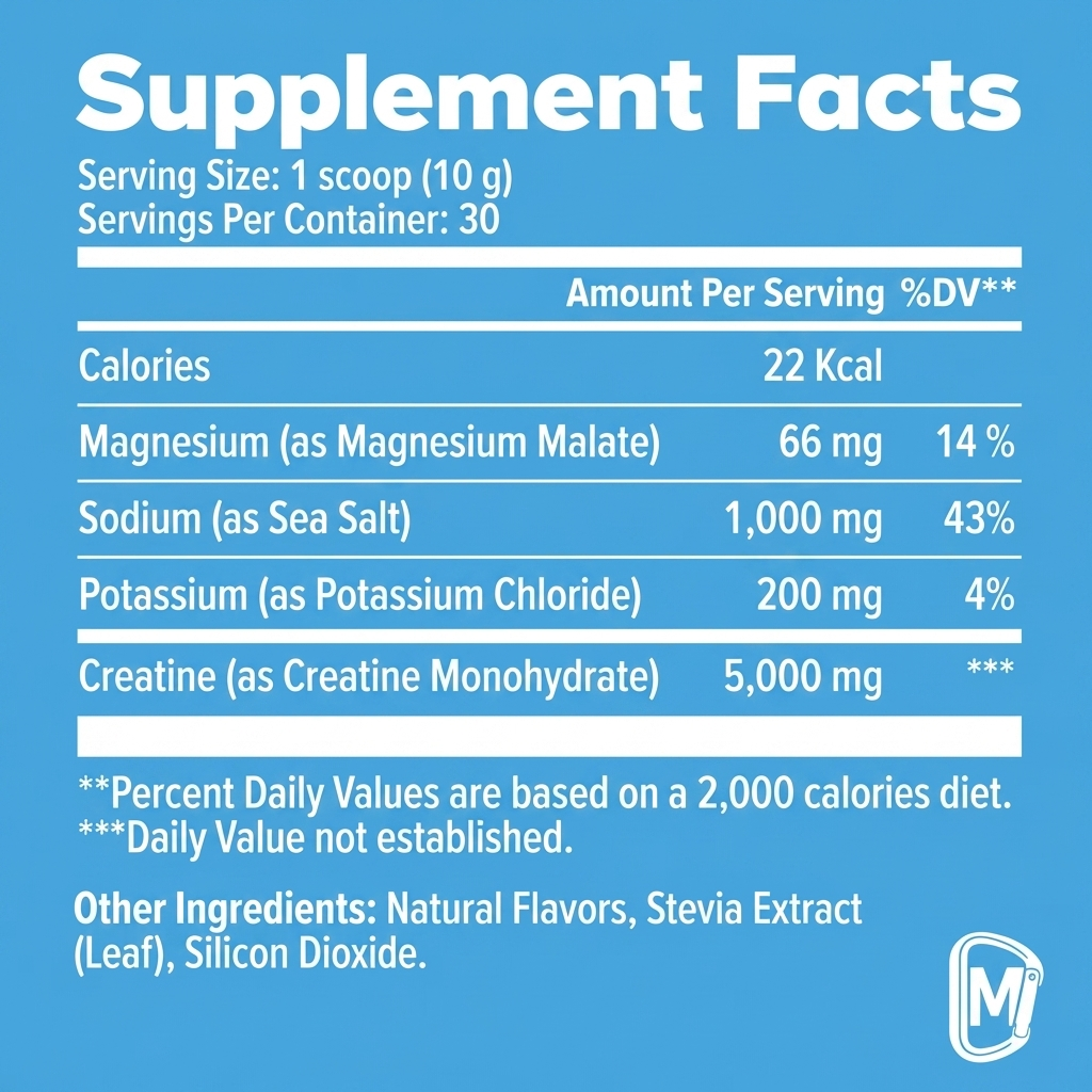 A Supplement Facts label listing ingredients and nutritional information for a creatine supplement on a blue background.