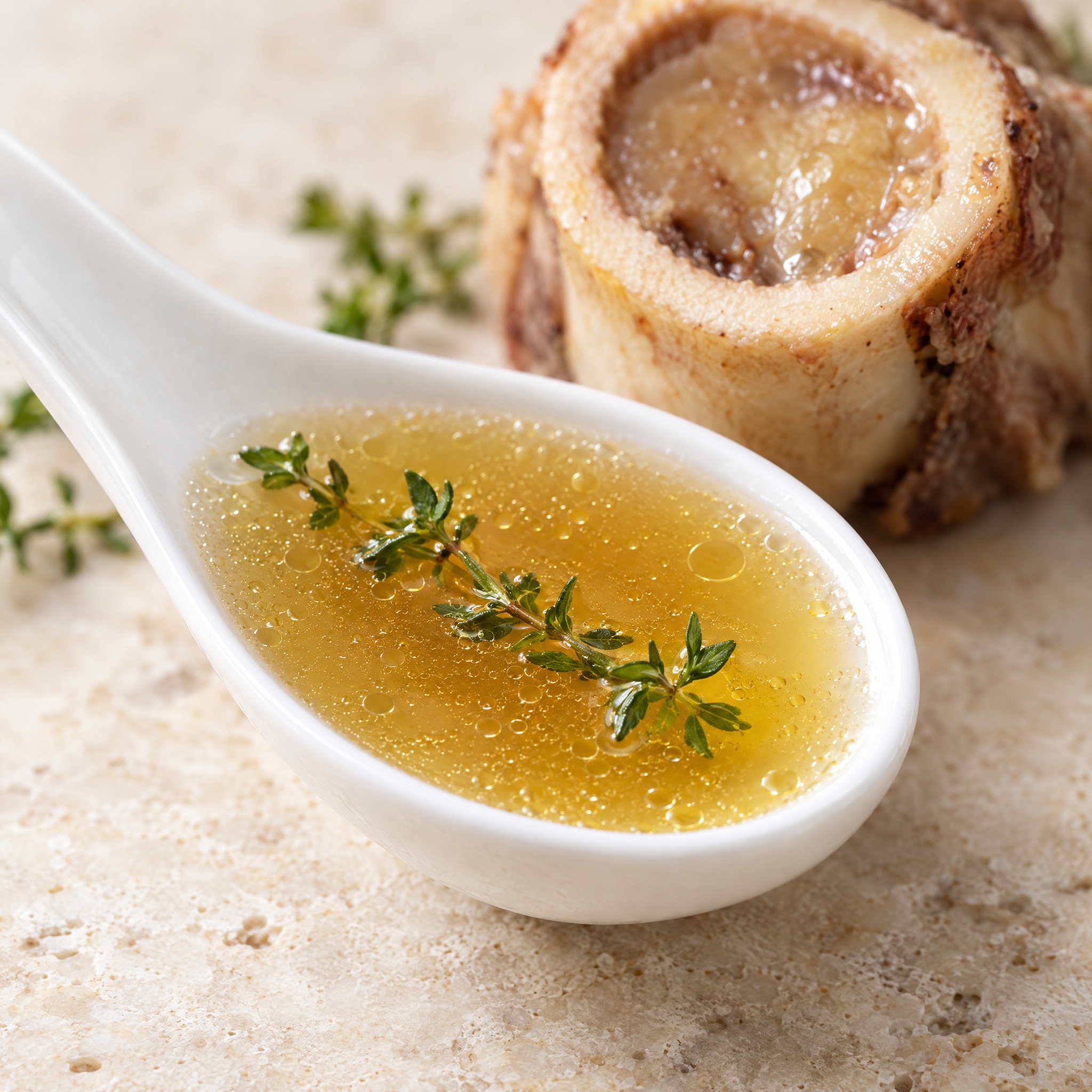 A white spoon of bone broth garnished with thyme, with a roasted marrow bone in the background.