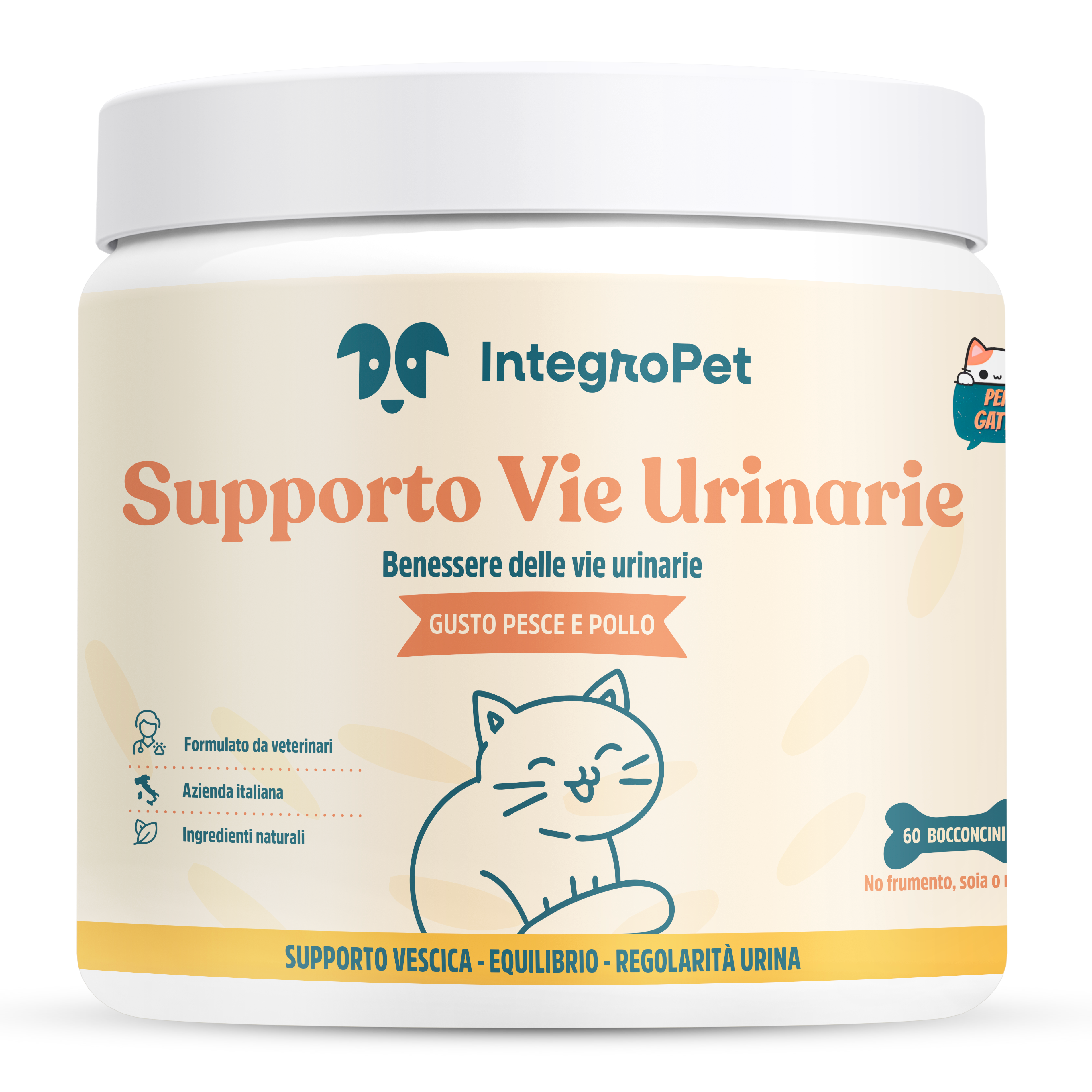 A white tub of IntegroPet urinary support supplements for cats, with an Italian label and cat illustration.