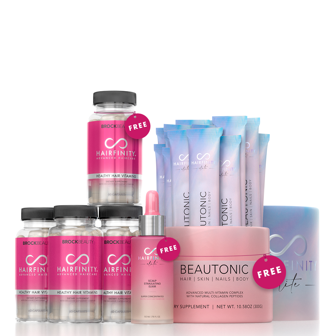 Various hair care products with pink, blue, and purple packaging and 'FREE' tags.