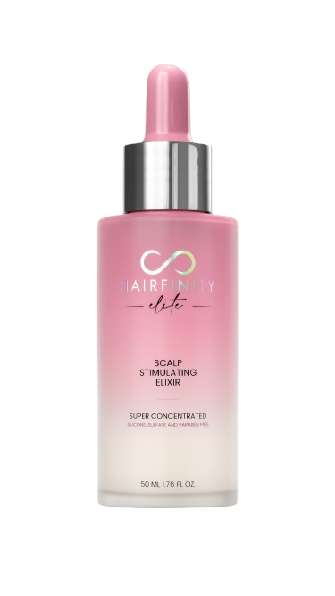 Pink and white bottle of Hairfinity Elite Scalp Stimulating Elixir.