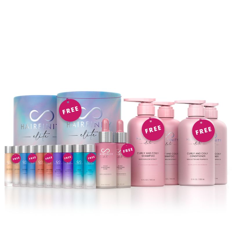 Assorted Hairfinity haircare products, including bottles and containers, with 'free' tags.