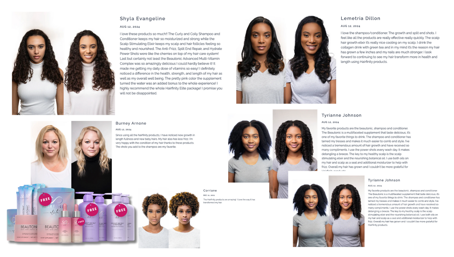 Women with various hairstyles, product bottles, and testimonial text about hair care products.