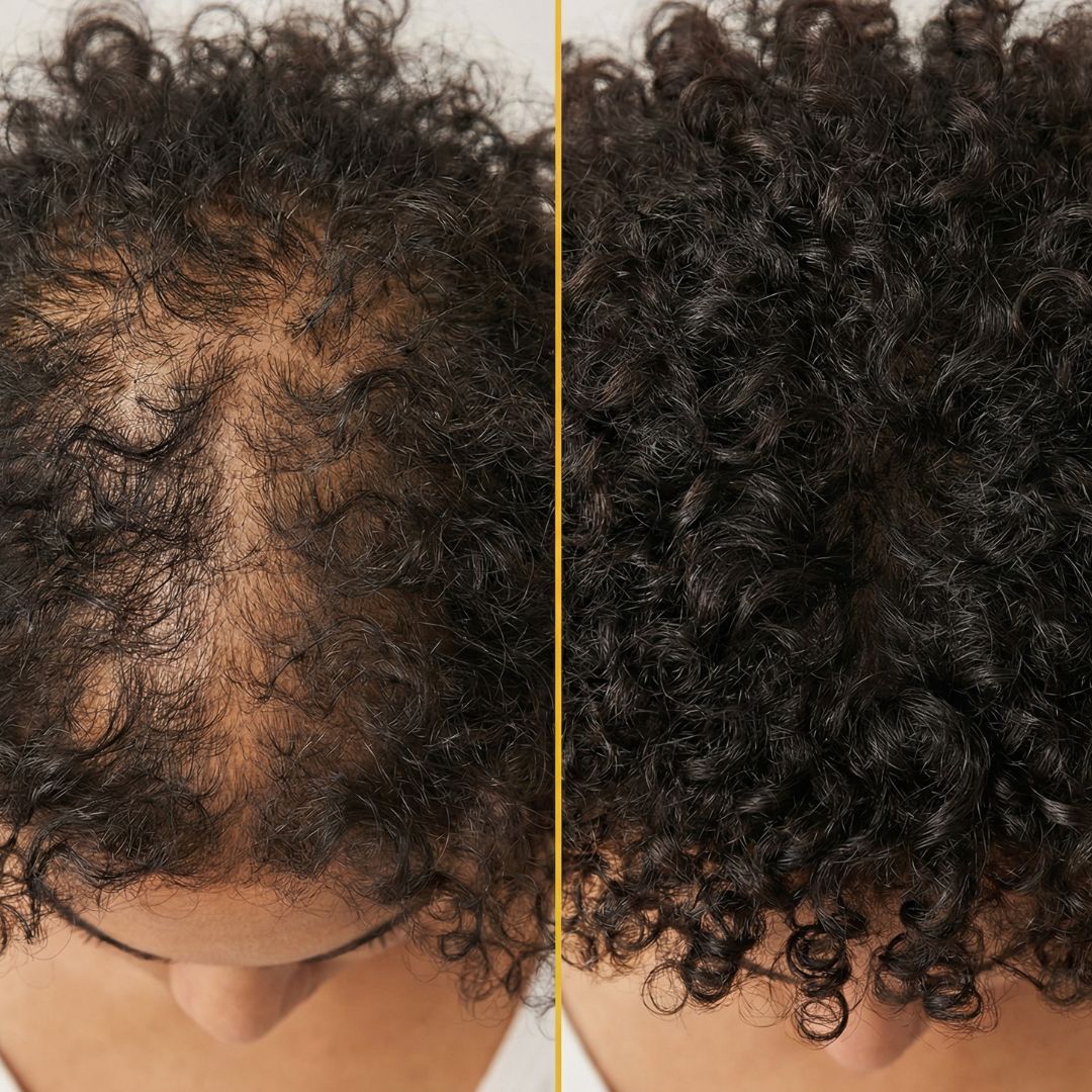 Two images of a person with curly hair wearing a gray shirt, smiling.